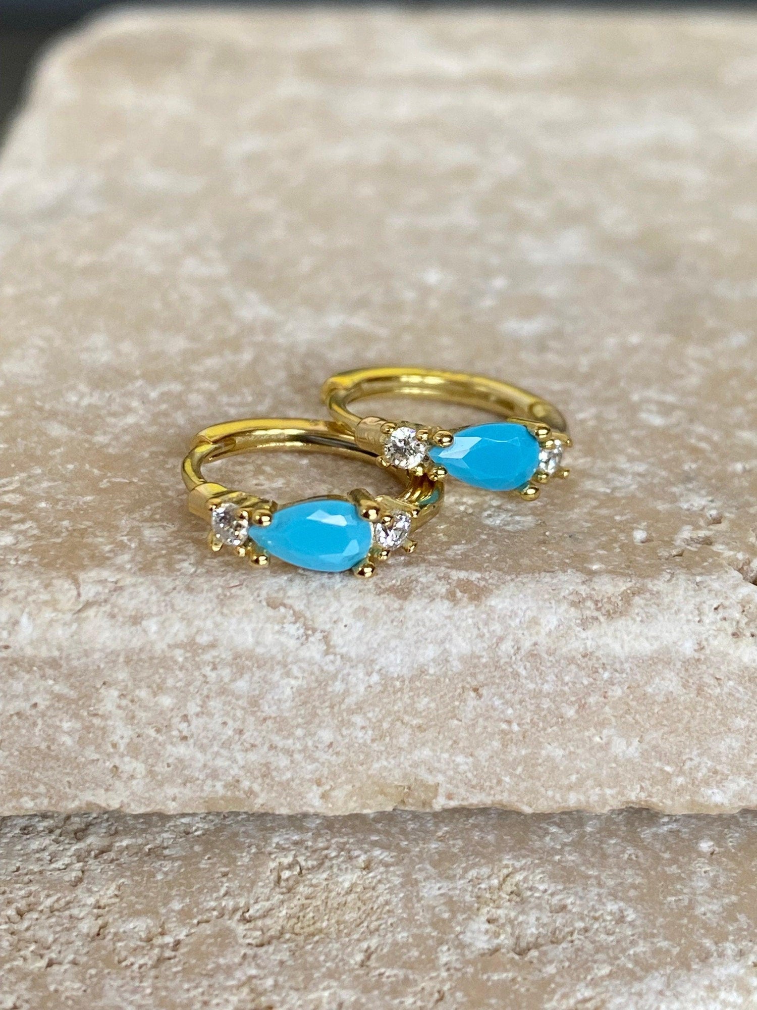 Cute Turquoise Teardrop Zircon Earrings, Bright Zircon Turquoise Mini Huggie Earrings, S925 Sterling Silver Everyday Hoop , Gold or Silver