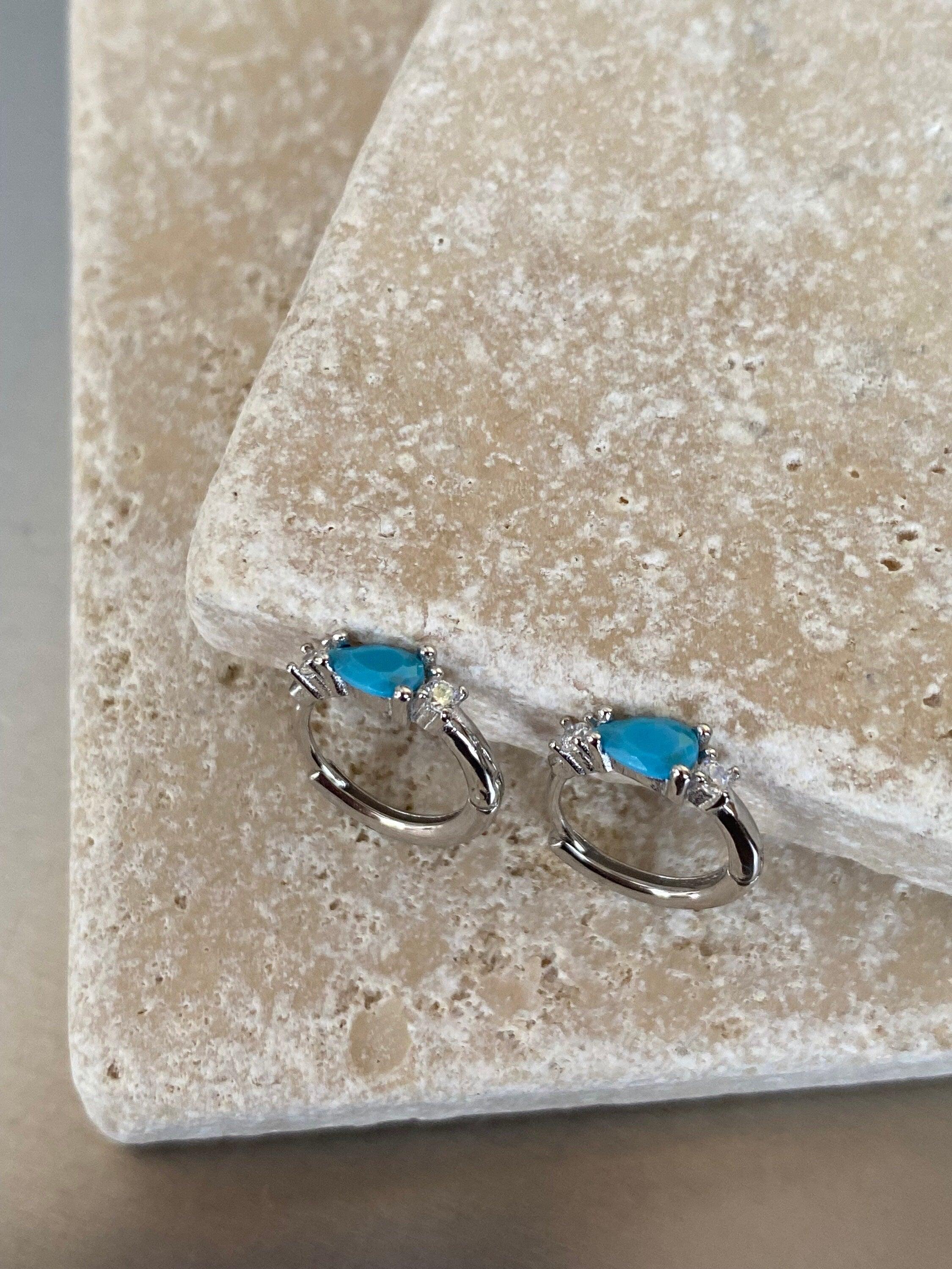 Cute Turquoise Teardrop Zircon Earrings, Bright Zircon Turquoise Mini Huggie Earrings, S925 Sterling Silver Everyday Hoop , Gold or Silver