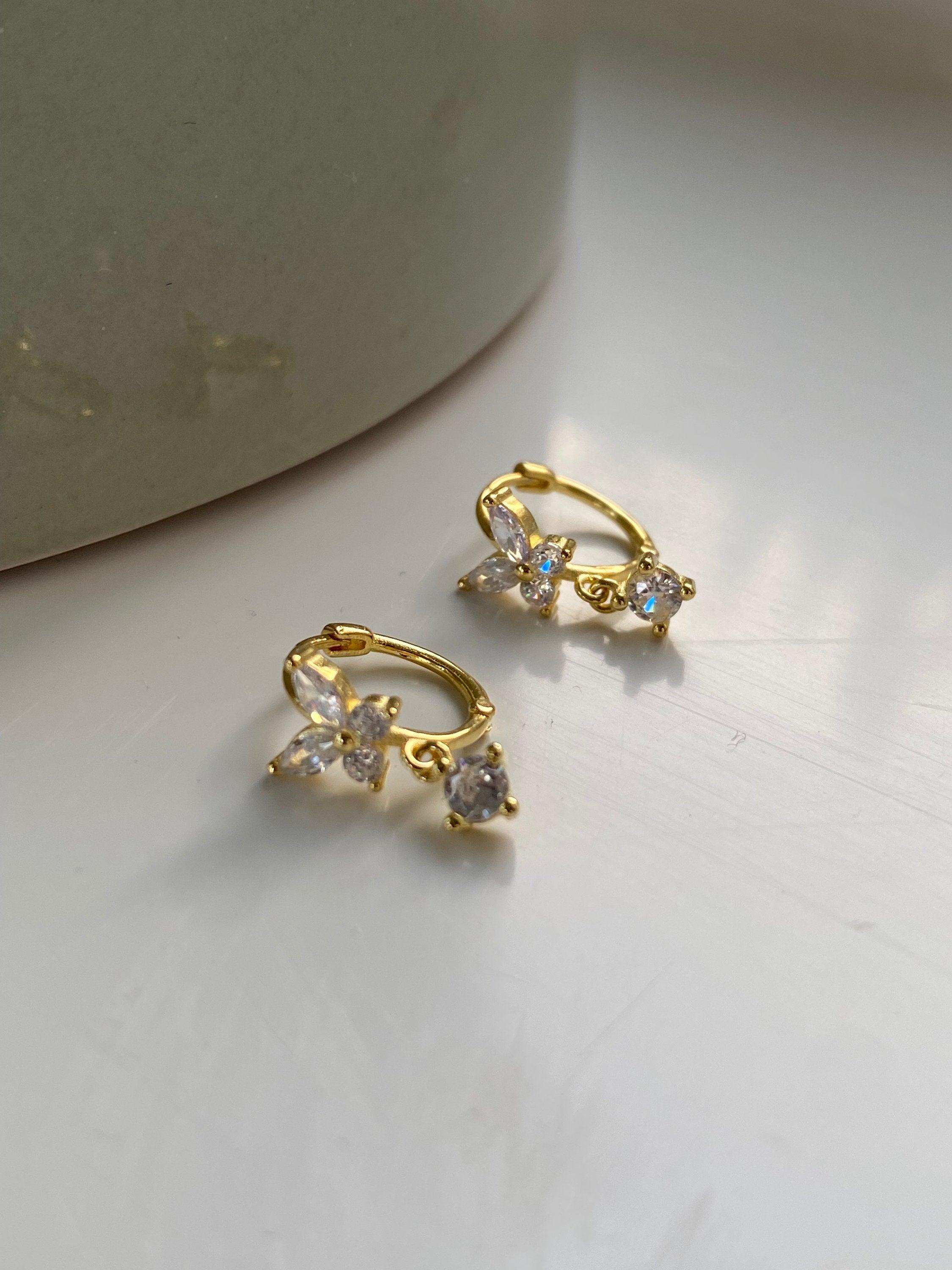 18K Gold Sterling Silver Butterfly Zircon Huggies - Modern Hoop Earrings for Everyday Wear