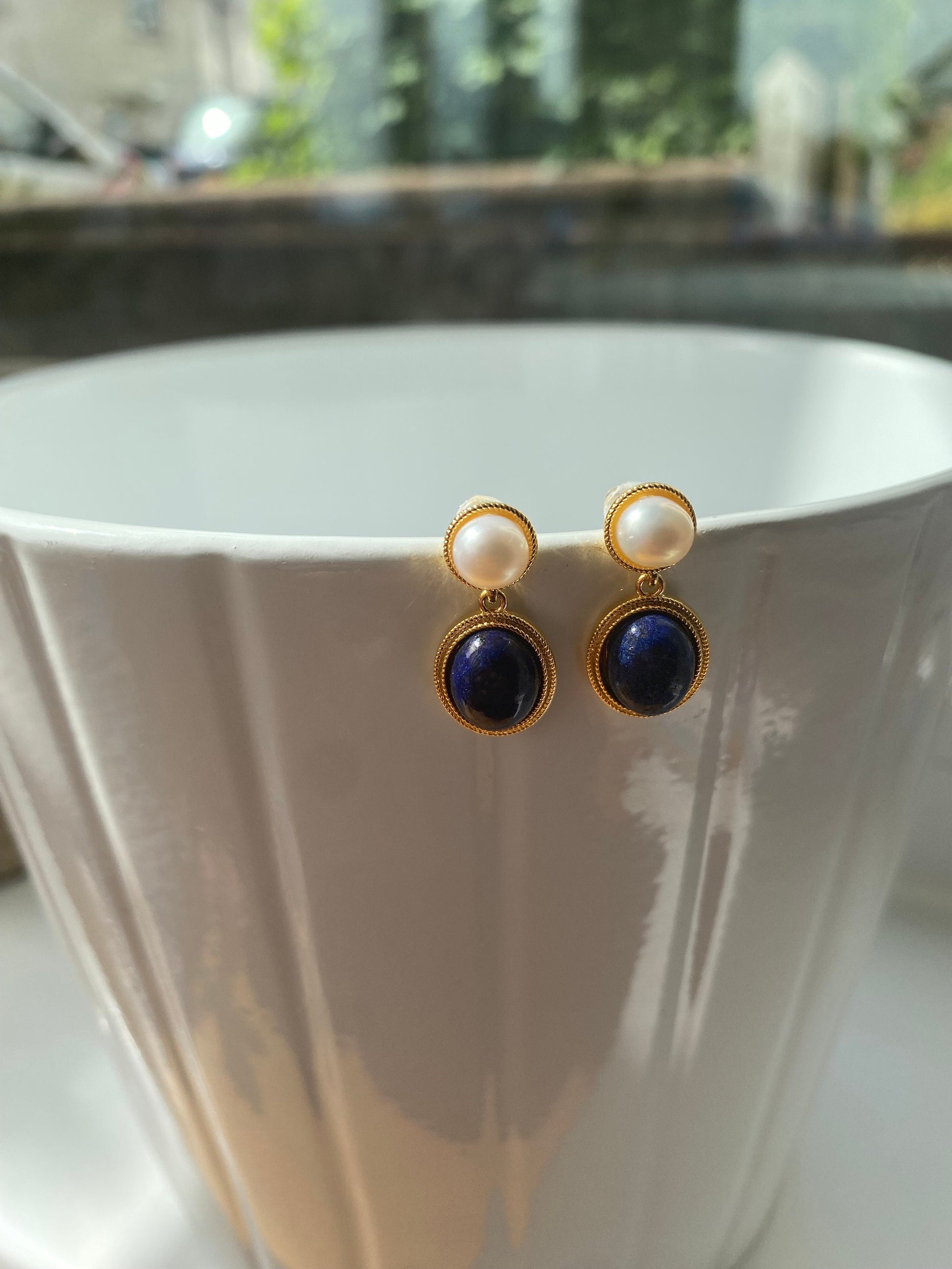 18K Gold Blue Lapis Lazuli and White Shell Pearl Drop Earrings, Handmade Precious Gemstone Jewellery for Women