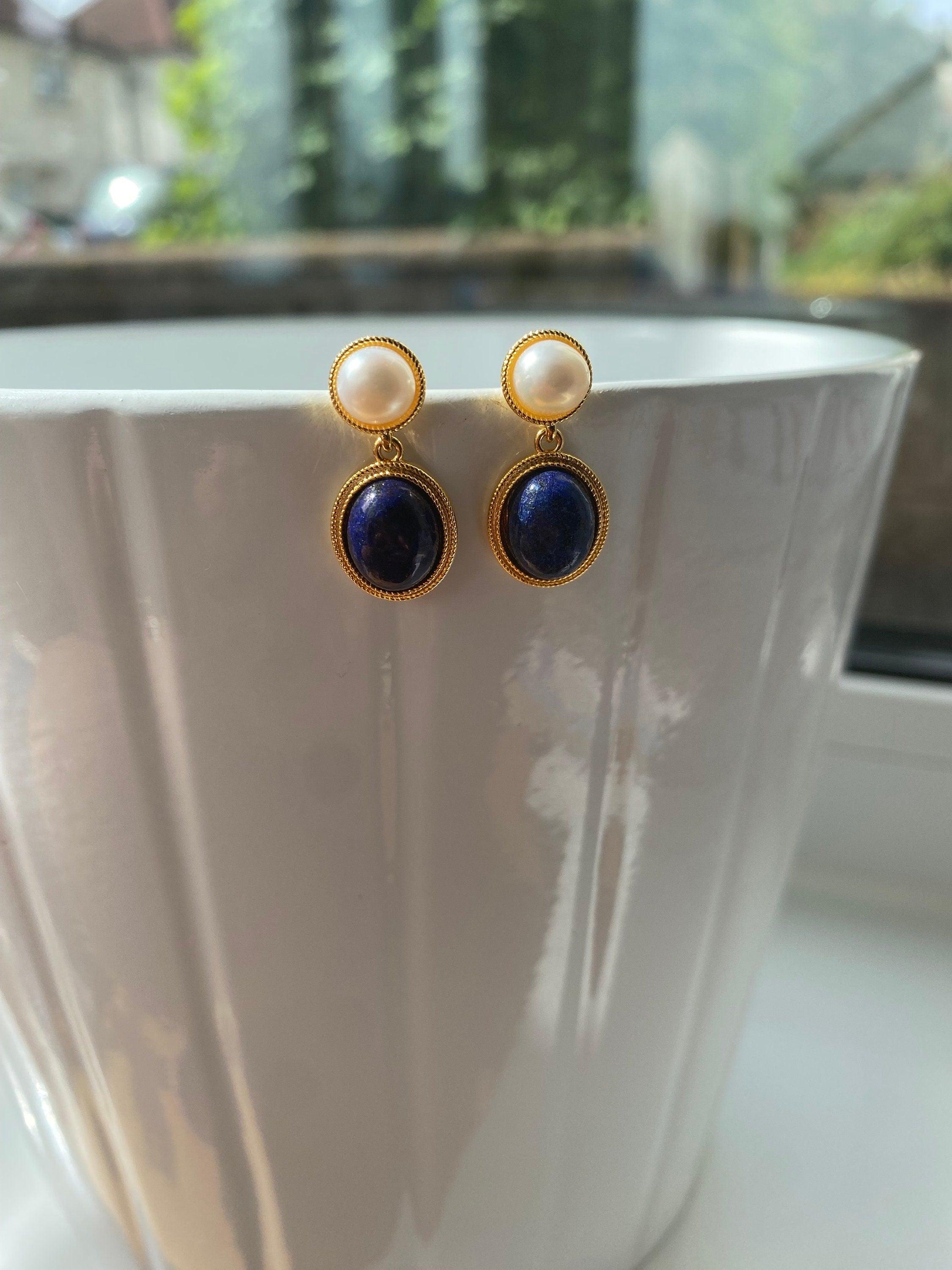 18K Gold Blue Lapis Lazuli and White Shell Pearl Drop Earrings, Handmade Precious Gemstone Jewellery for Women