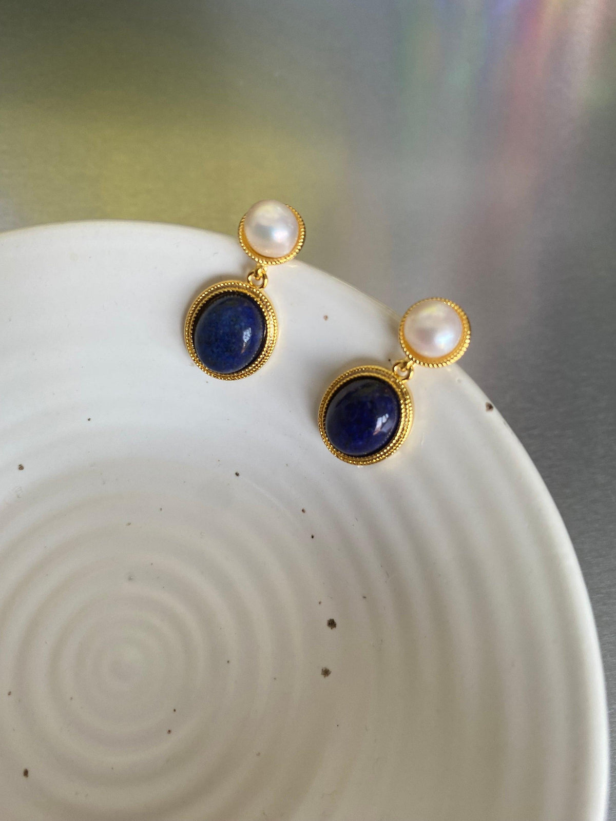 18K Gold Blue Lapis Lazuli and White Shell Pearl Drop Earrings, Handmade Precious Gemstone Jewellery for Women