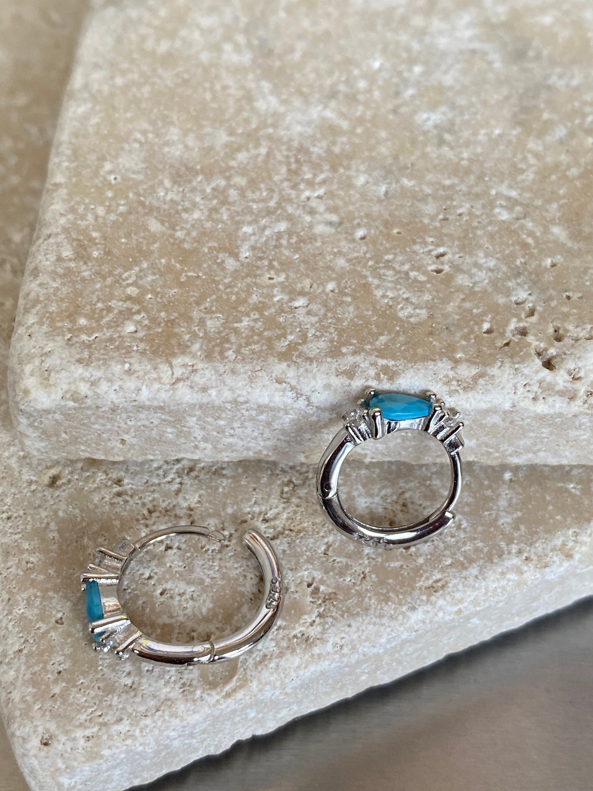 Cute Turquoise Teardrop Zircon Earrings, Bright Zircon Turquoise Mini Huggie Earrings, S925 Sterling Silver Everyday Hoop , Gold or Silver