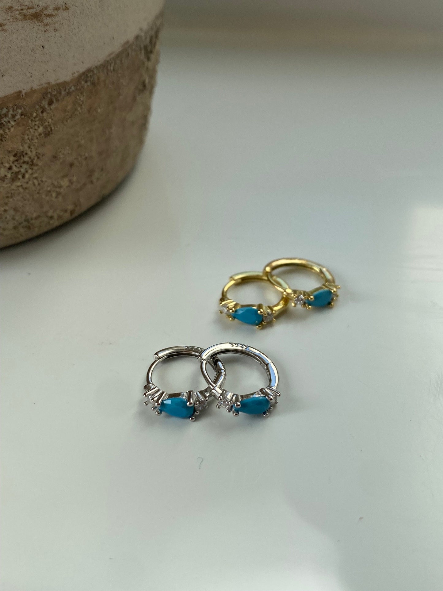 Cute Turquoise Teardrop Zircon Earrings, Bright Zircon Turquoise Mini Huggie Earrings, S925 Sterling Silver Everyday Hoop , Gold or Silver