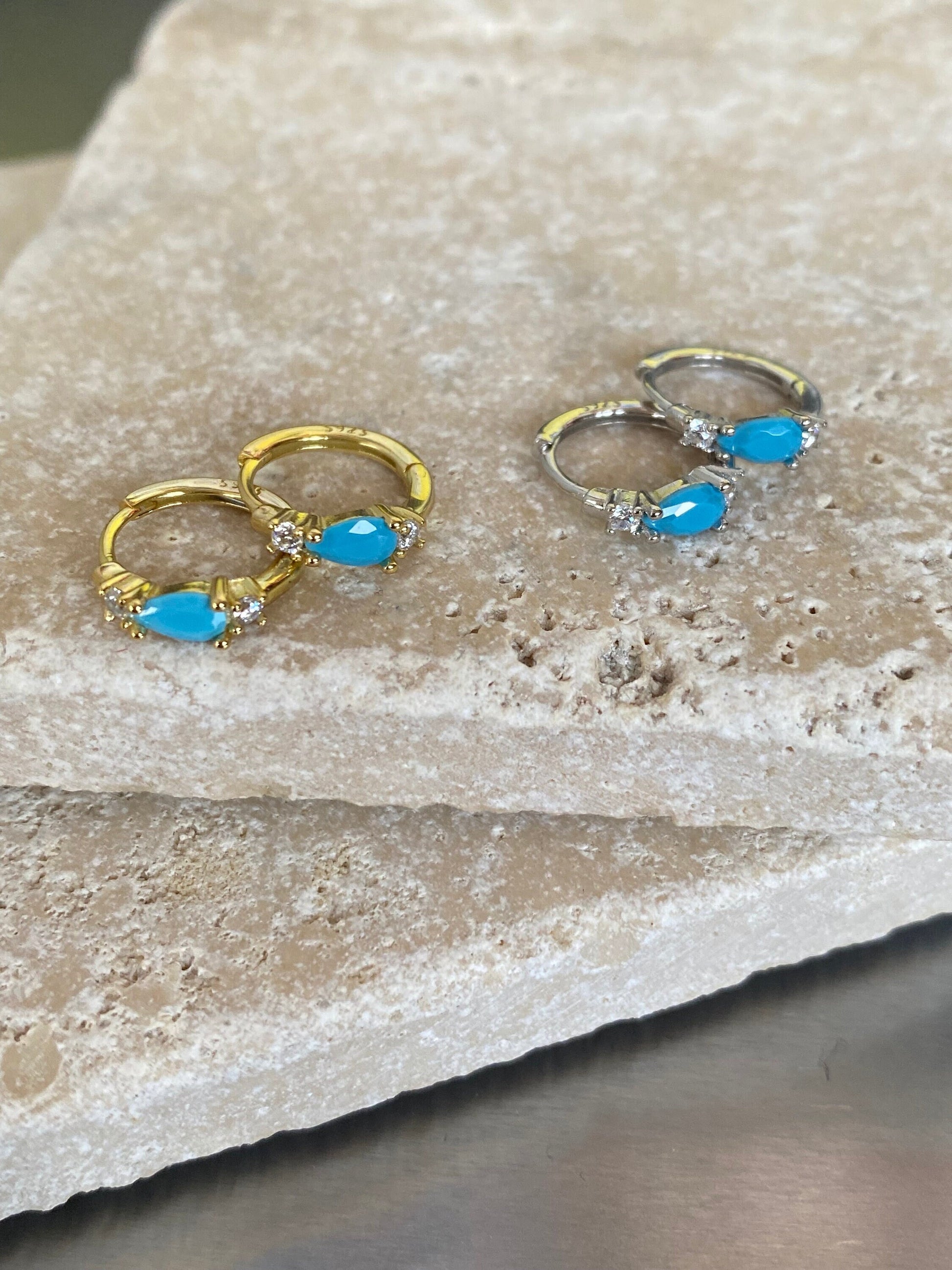 Cute Turquoise Teardrop Zircon Earrings, Bright Zircon Turquoise Mini Huggie Earrings, S925 Sterling Silver Everyday Hoop , Gold or Silver