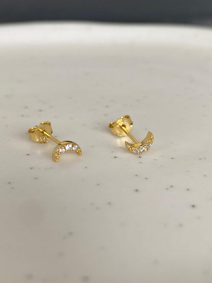 Tiny Half Moon Stud Earrings, Dazzling Cubic Zirconia Half Moon Stud Earrings, S925 Sterling Silver Crescent moon Stud Earrings, Ear Stack