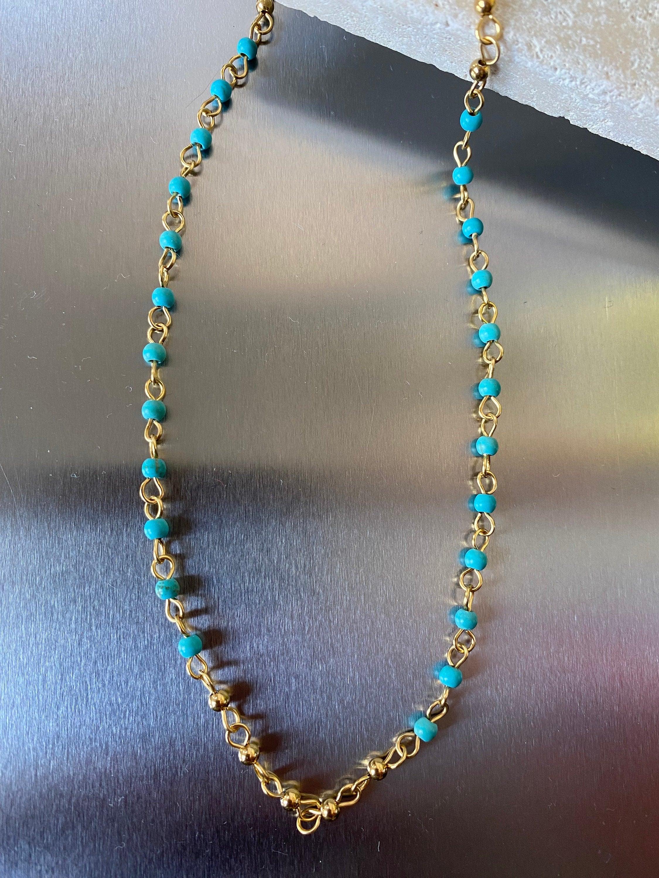 Petite Turquoise Stone Necklace, Small Layered Turquoise Chain Necklace for Her,Bohemia Style beaded Turquoise Choker. Perfect for Summer