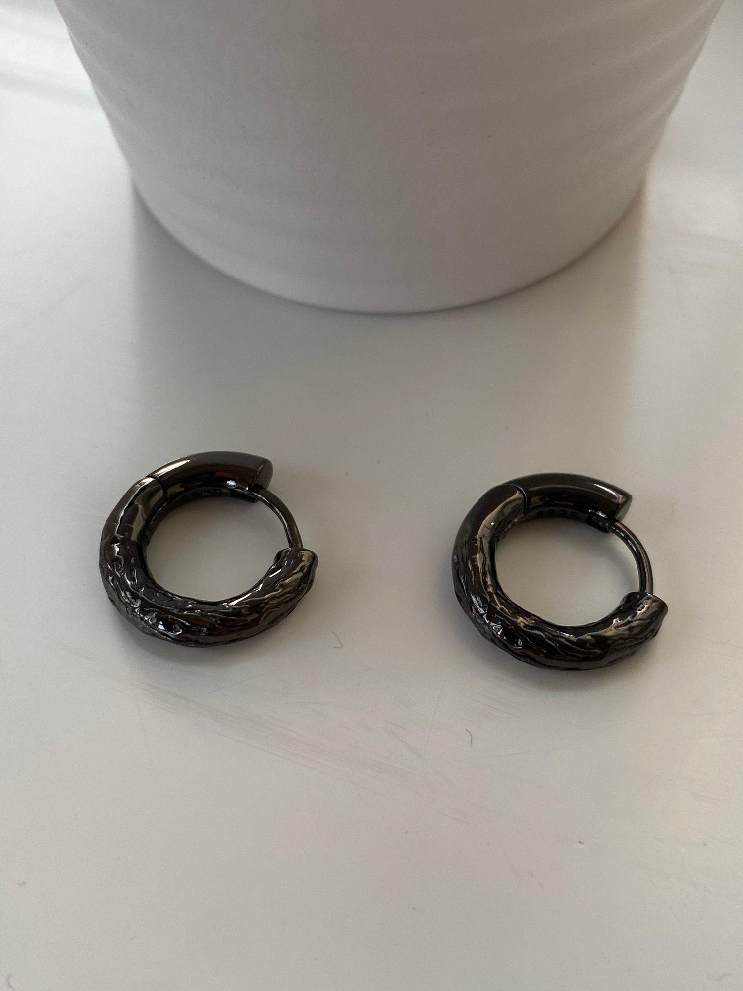 Muse Hammered Hoop Earring, Black Rhodium Ridge Hoop for Men or Women, Cool Hammered Everyday Hoop Earring, Unisex Ridge Ear Stack