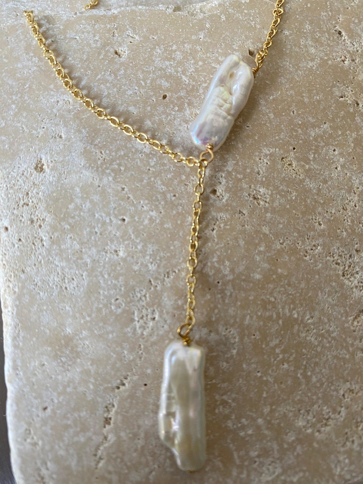 Two Long Keshi Pearl Beaded Chain Necklace, Rectangular Keshi Baroque Choker for Her, High Luster Multiple Pearl Modern Chain Necklace