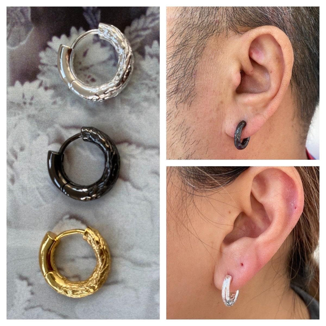 Muse Hammered Hoop Earring, Black Rhodium Ridge Hoop for Men or Women, Cool Hammered Everyday Hoop Earring, Unisex Ridge Ear Stack