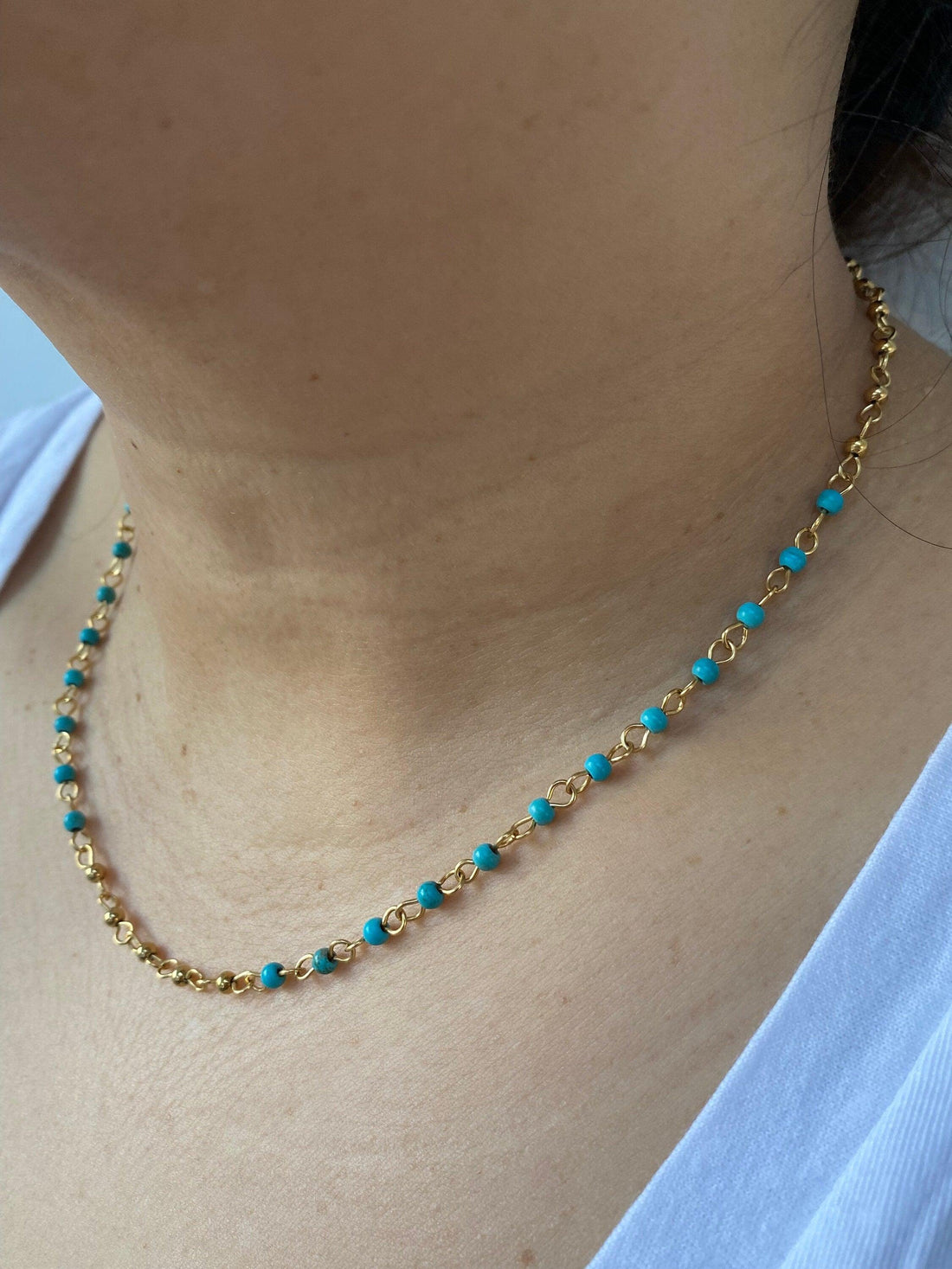 Petite Turquoise Stone Necklace, Small Layered Turquoise Chain Necklace for Her,Bohemia Style beaded Turquoise Choker. Perfect for Summer