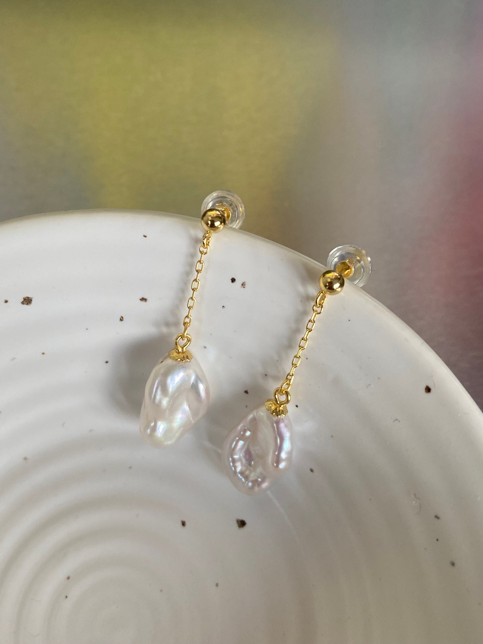 Dainty Keshi Pearl Drop Earrings , Gold Baroque Pearl Earring, Rainbow Glow Statement Bridal Gift