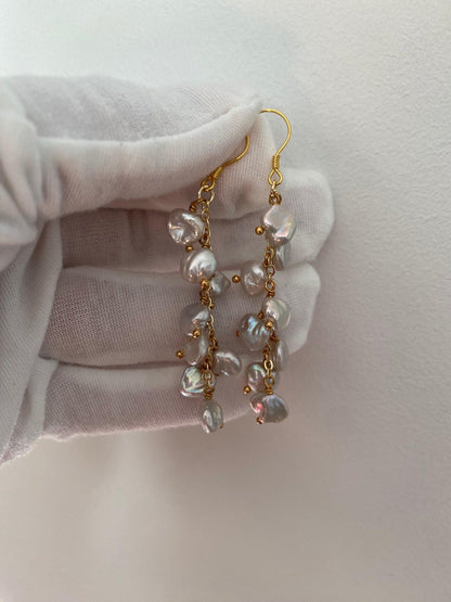 Grey Keshi Pearls Tassel Hoop Earrings, High Luster Baroque Chandelier Earrings, Vintage Style Cornflakes Freshwater Pearl Drop Earrings