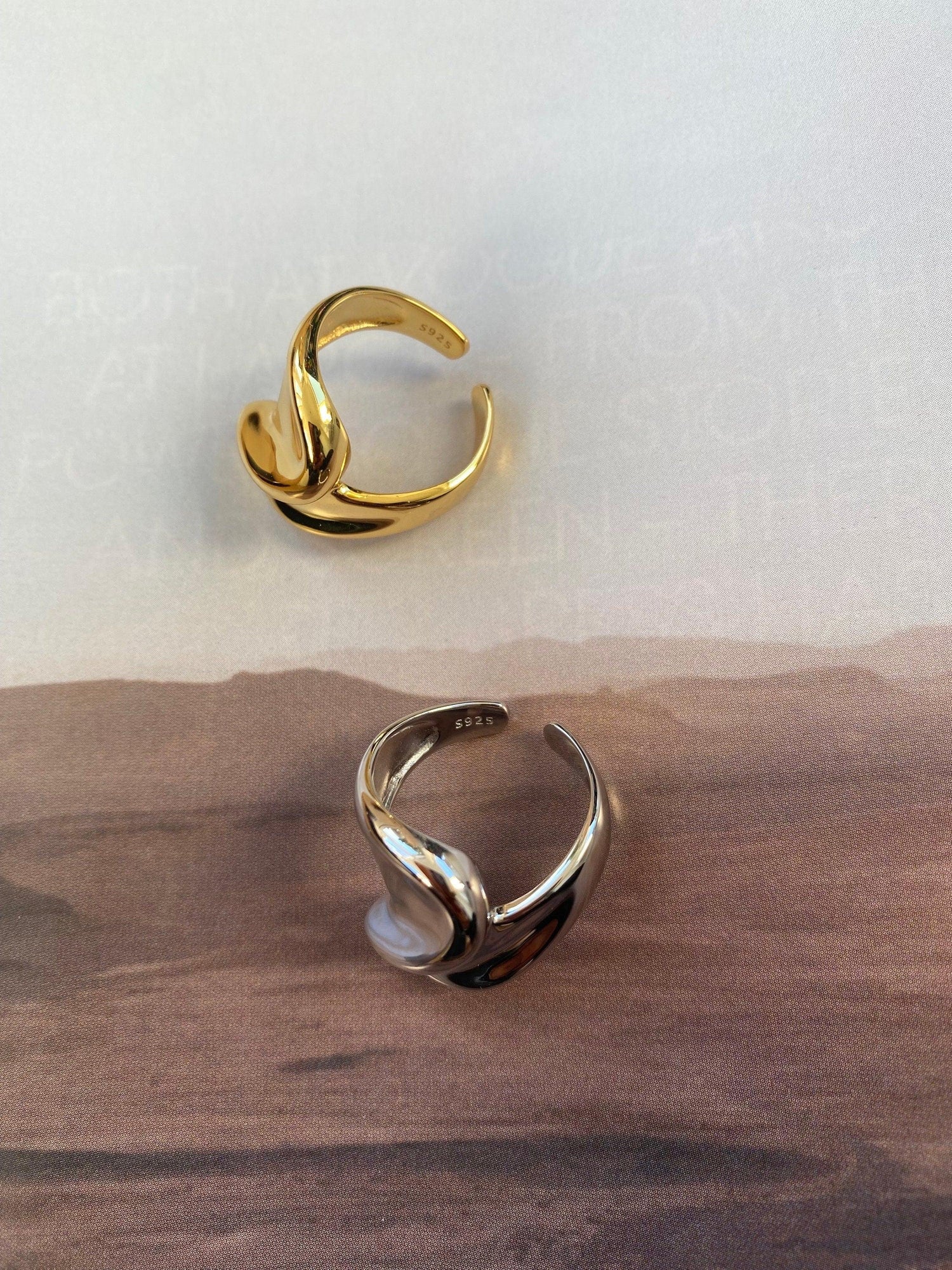 Gold Muse Wide Statement Dome Ring, Large Chunky Sterling Silver Wave Band, Unique Jewellery Gift for Her