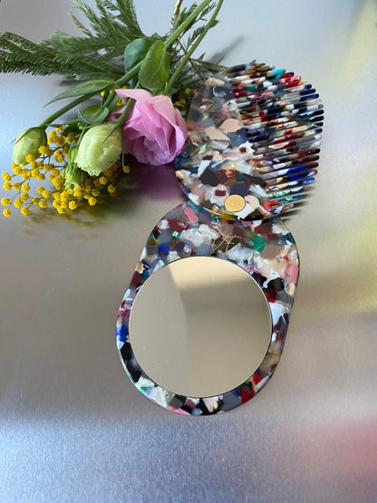 Colorful Acetate Folding Mirror and Mini Slide Hair Comb Compact Set, 6 Unique Colors