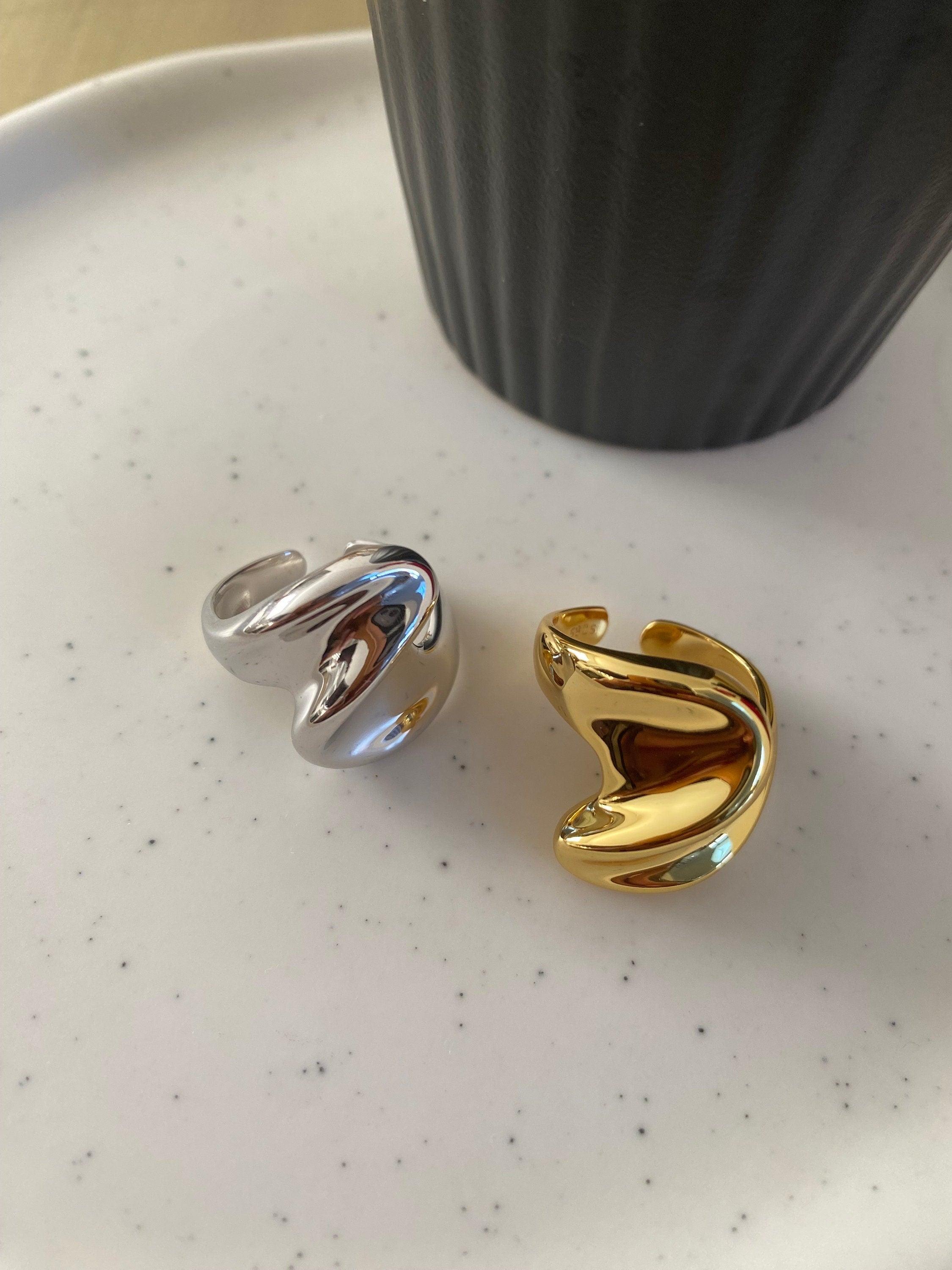 Gold Muse Wide Statement Dome Ring, Large Chunky Sterling Silver Wave Band, Unique Jewellery Gift for Her