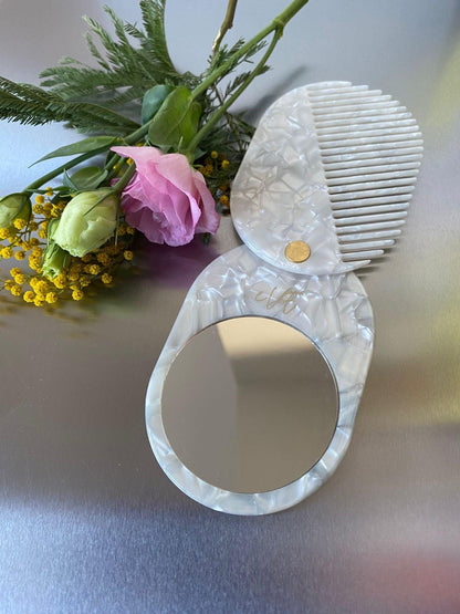 Colorful Acetate Folding Mirror and Mini Slide Hair Comb Compact Set, 6 Unique Colors