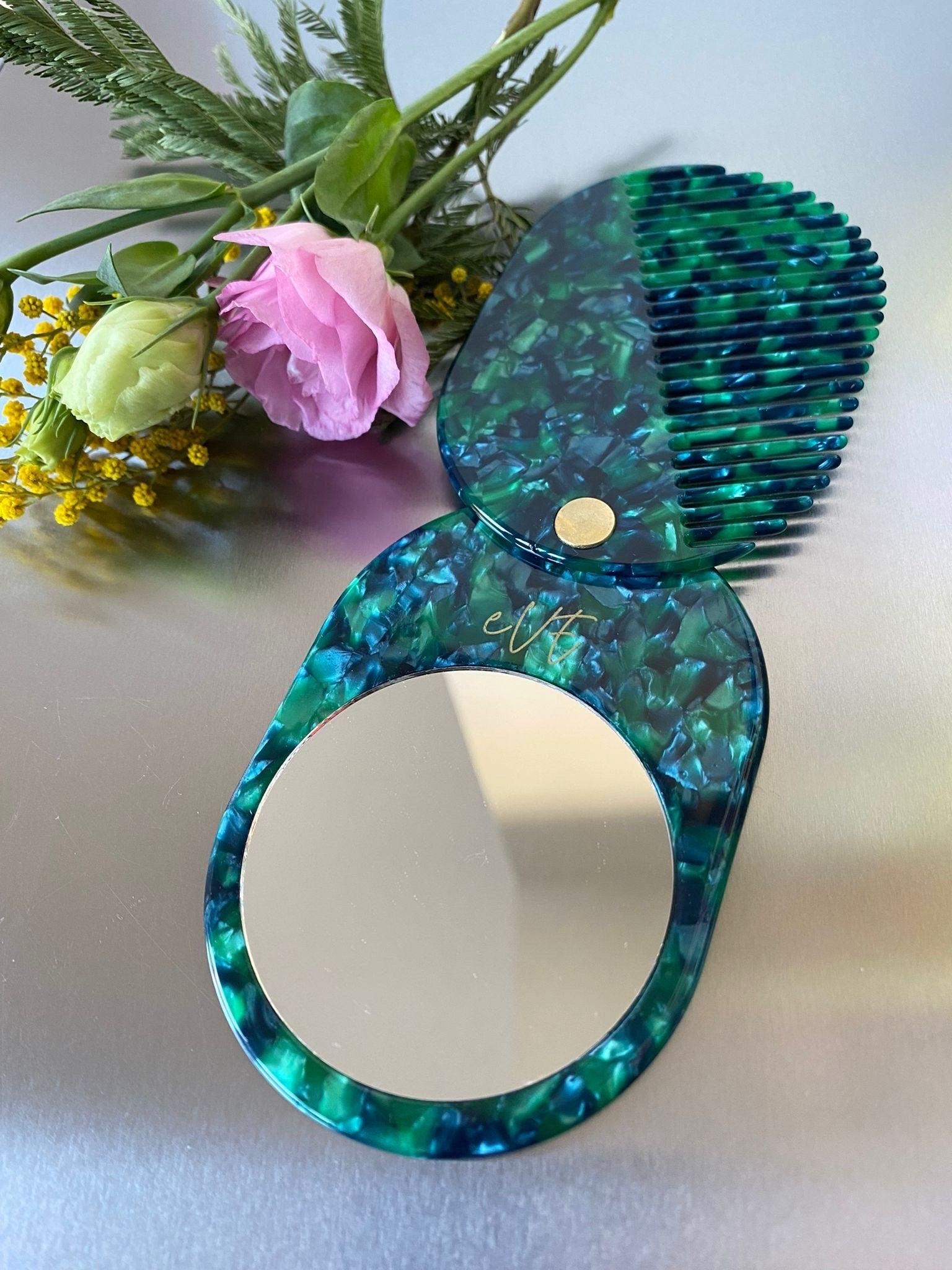 Colorful Acetate Folding Mirror and Mini Slide Hair Comb Compact Set, 6 Unique Colors