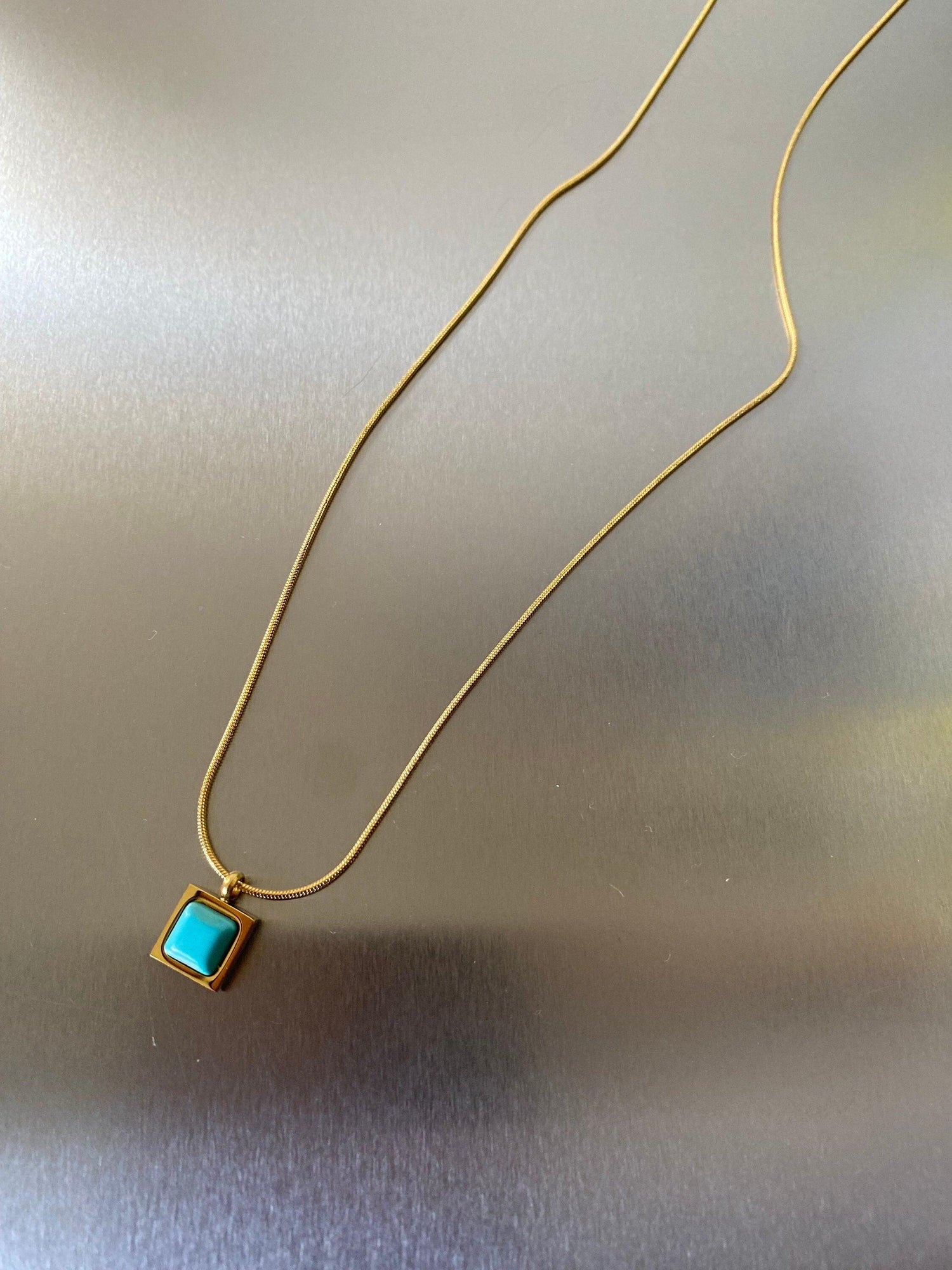 Turquoise Stone Necklace, Tiny Square Turquoise Pendant Necklace, Cute Blue Turquoise Choker Necklace. 18k Gold Classic Silhouette