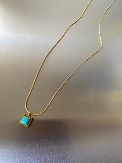 Turquoise Stone Necklace, Tiny Square Turquoise Pendant Necklace, Cute Blue Turquoise Choker Necklace. 18k Gold Classic Silhouette