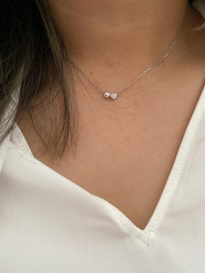 Dainty Pave Double Heart Necklace, Gold Platinum CZ Pendant, Minimalist Bridesmaid Gift