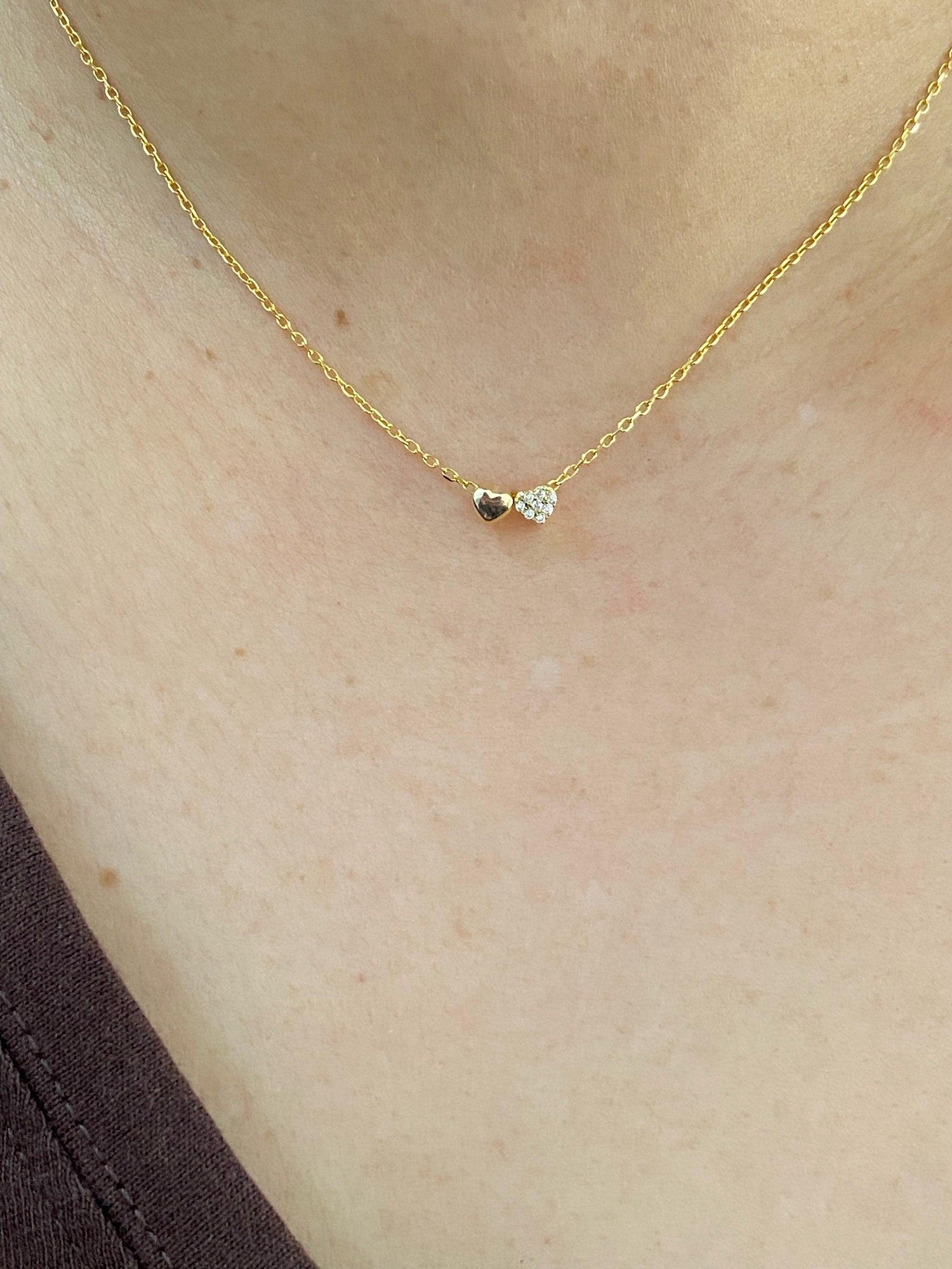 Dainty Pave Double Heart Necklace, Gold Platinum CZ Pendant, Minimalist Bridesmaid Gift