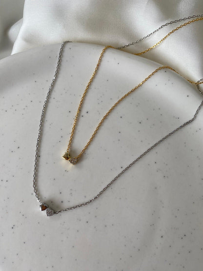 Dainty Pave Double Heart Necklace, Gold Platinum CZ Pendant, Minimalist Bridesmaid Gift