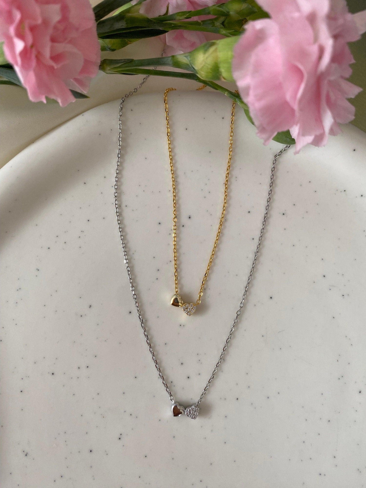 Dainty Pave Double Heart Necklace, Gold Platinum CZ Pendant, Minimalist Bridesmaid Gift