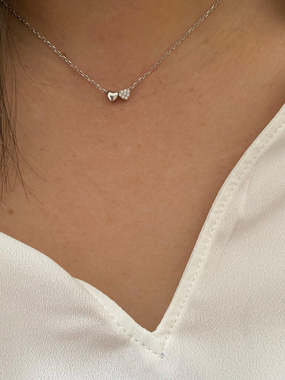 Dainty Pave Double Heart Necklace, Gold Platinum CZ Pendant, Minimalist Bridesmaid Gift