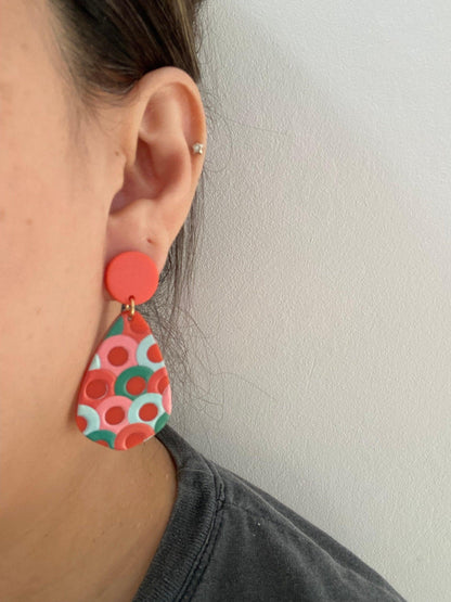 Mix Colour Teardrop Earrings, Green Mega Acrylic Earrings for Her, Bohemia Polymer Clay Green and Red Earrings,Light Weight Acrylic Earrings