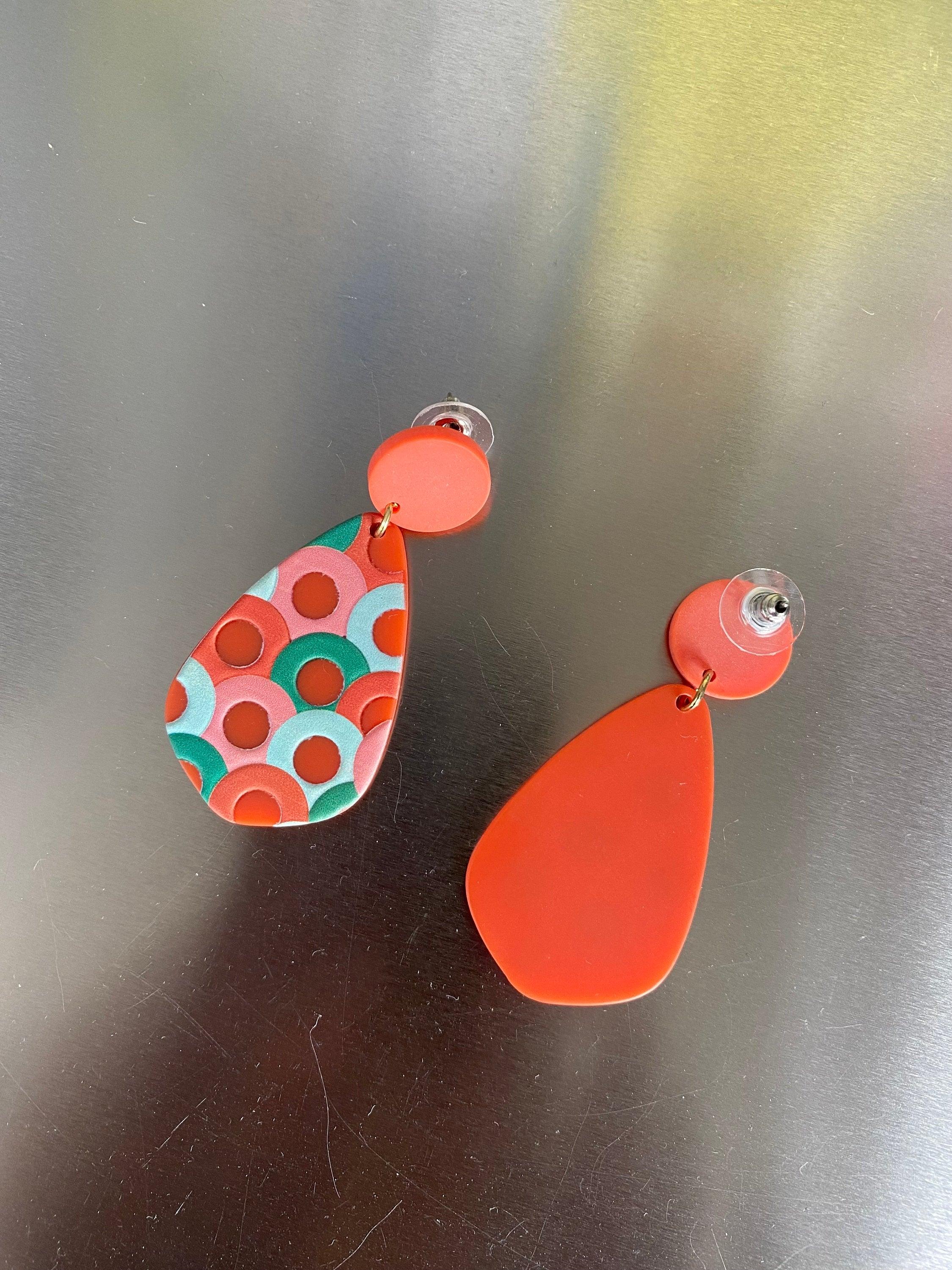 Mix Colour Teardrop Earrings, Green Mega Acrylic Earrings for Her, Bohemia Polymer Clay Green and Red Earrings,Light Weight Acrylic Earrings