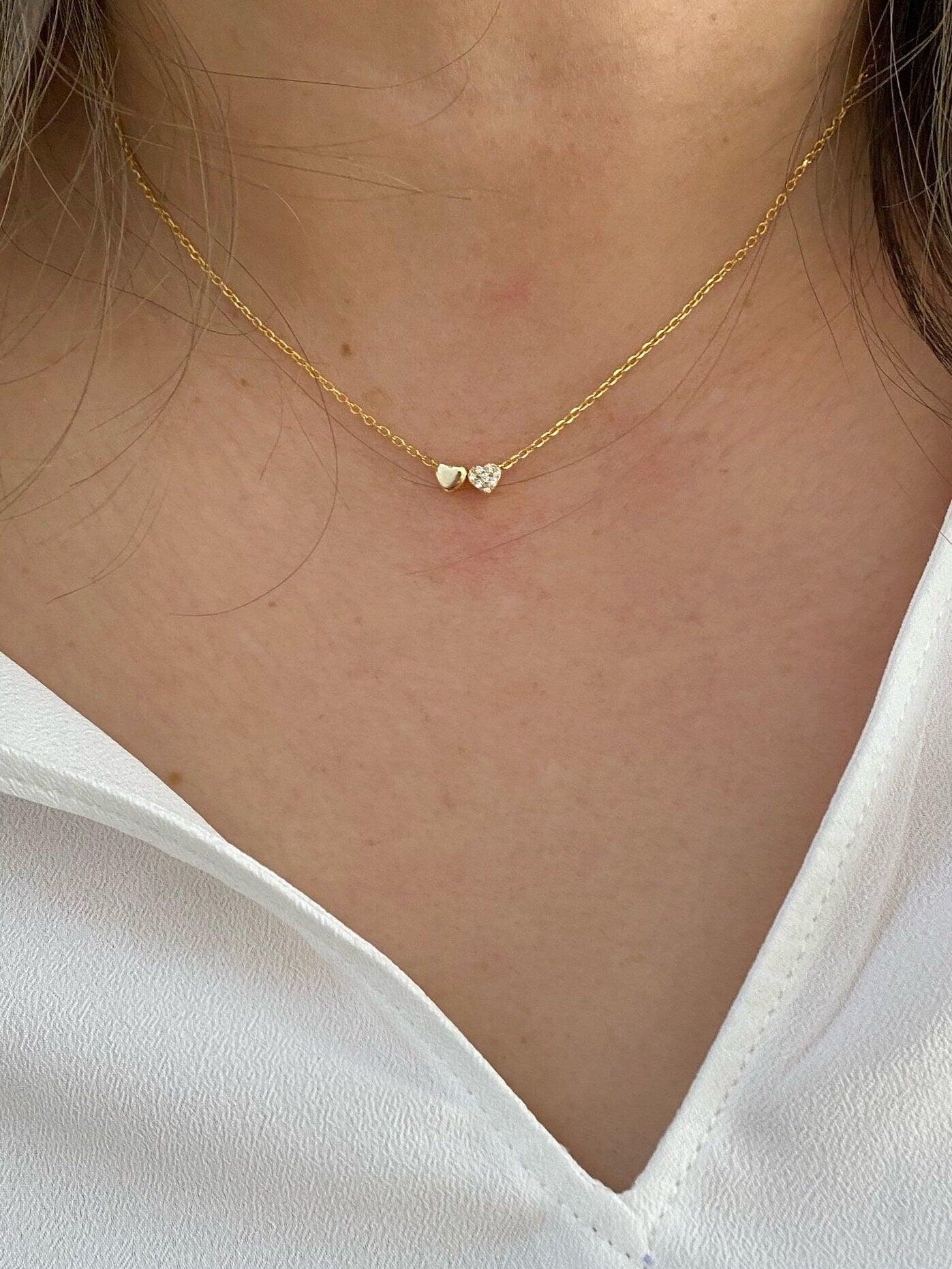 Dainty Pave Double Heart Necklace, Gold Platinum CZ Pendant, Minimalist Bridesmaid Gift