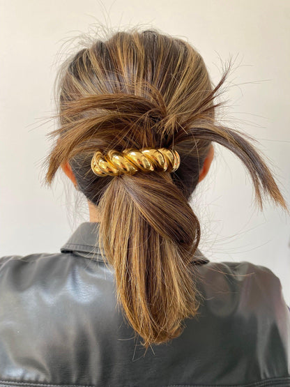 Gold Twisted Hair Cuff, Dome Croissant Hair Ponytail, Glossy Twist Cuff for Her, Metal Elastic Hair Band, Polished Finish Metal Hair Cuff