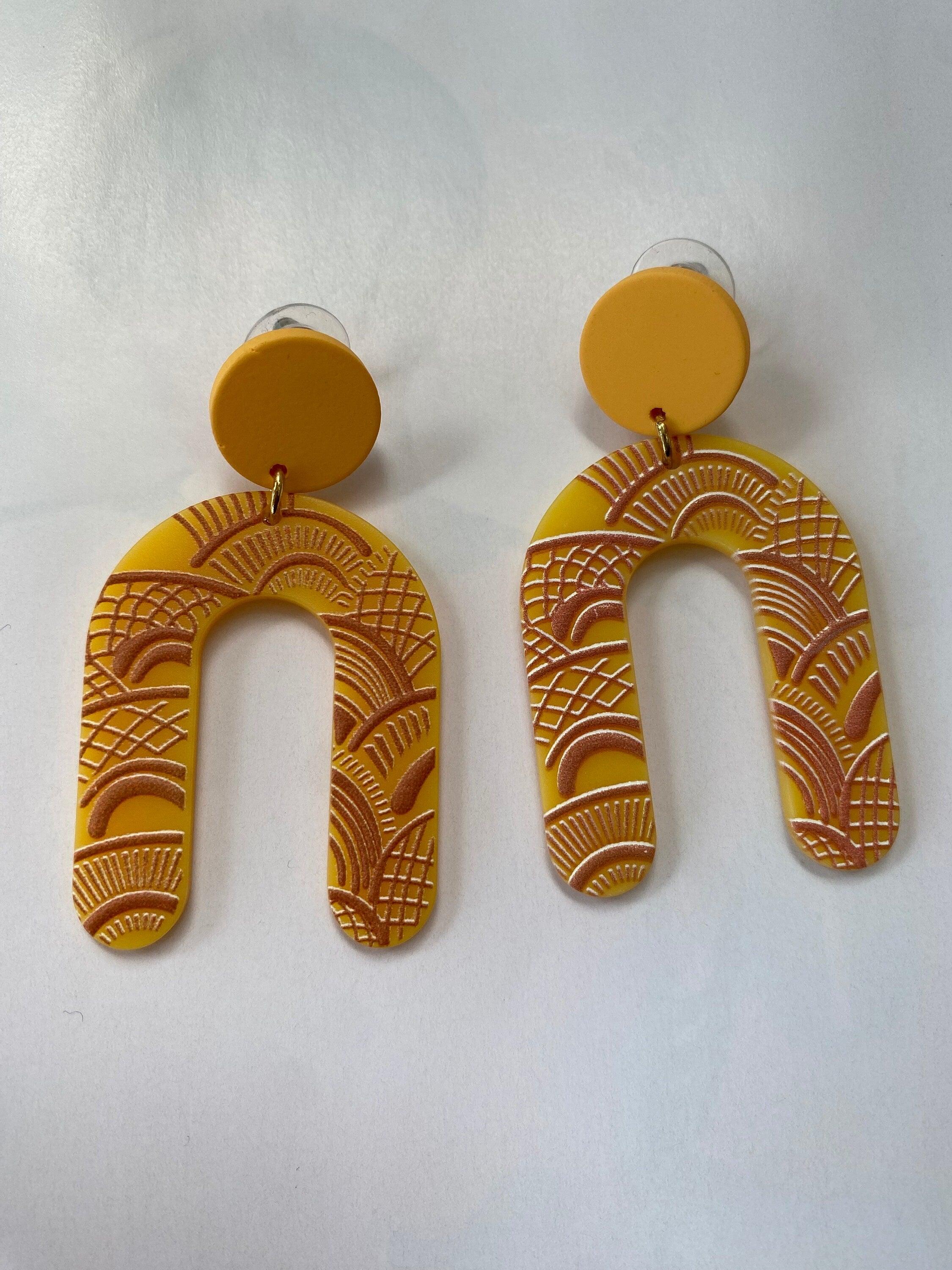 Mega Acrylic Drop Earrings, Light Weight Acrylic Earrings, Bright Orange Yellow Acrylic Earrings, Bohemia Polymer Clay Rainbow Earrings,