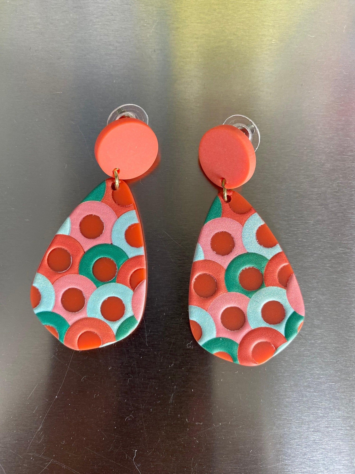 Mix Colour Teardrop Earrings, Green Mega Acrylic Earrings for Her, Bohemia Polymer Clay Green and Red Earrings,Light Weight Acrylic Earrings