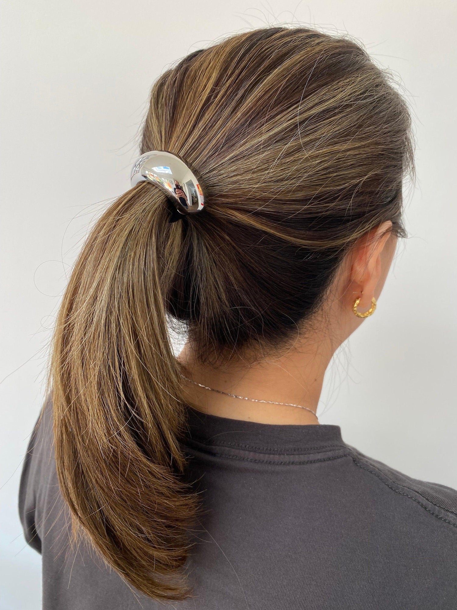 Glossy Curved Hair Cuff, Chunky Metal Elastic Hair Band, Polished 18k Gold and Silver Finish