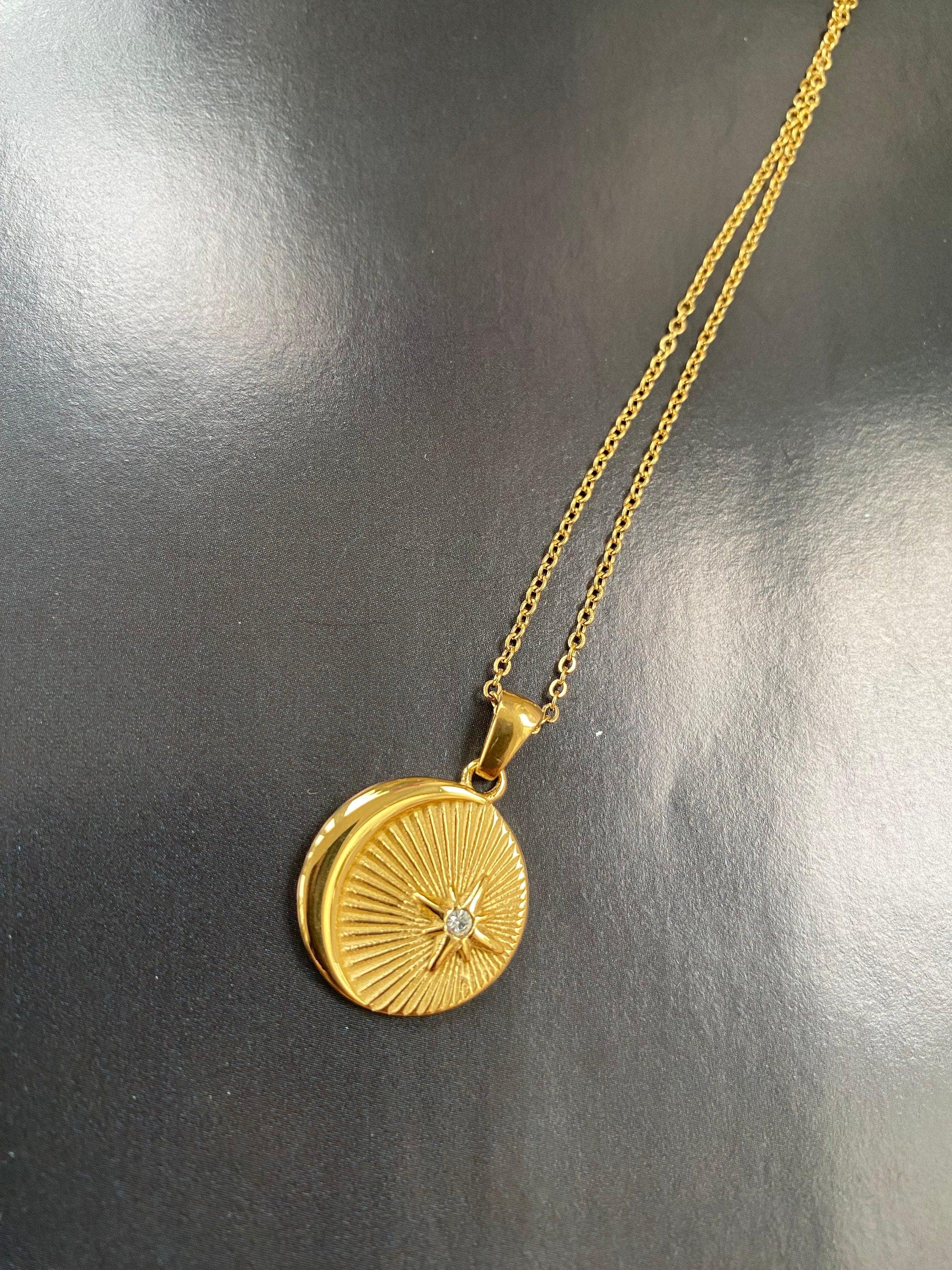 Sun and Moon Pendant Necklace, Coin Sunburst Zircon Star Necklace, Twisted Ridge Chain 18K Gold