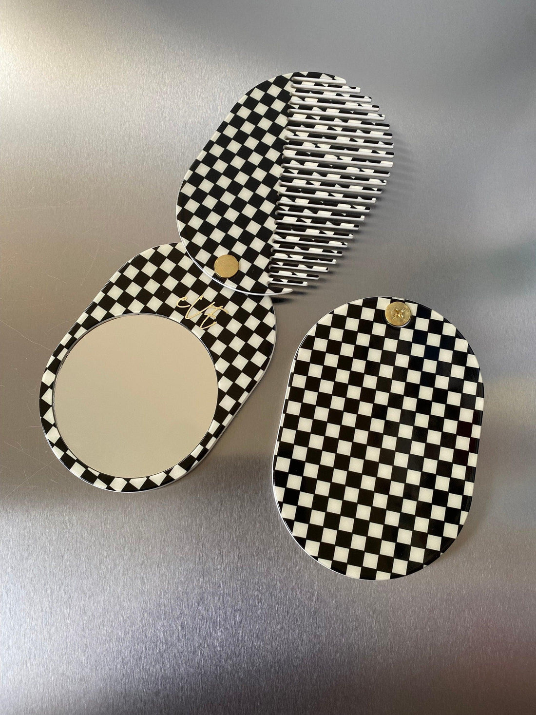 Retro Checkered Folding Mirror and Mini Slide Hair Comb Compact Set, Portable Handheld Mirror Checkerboard Design