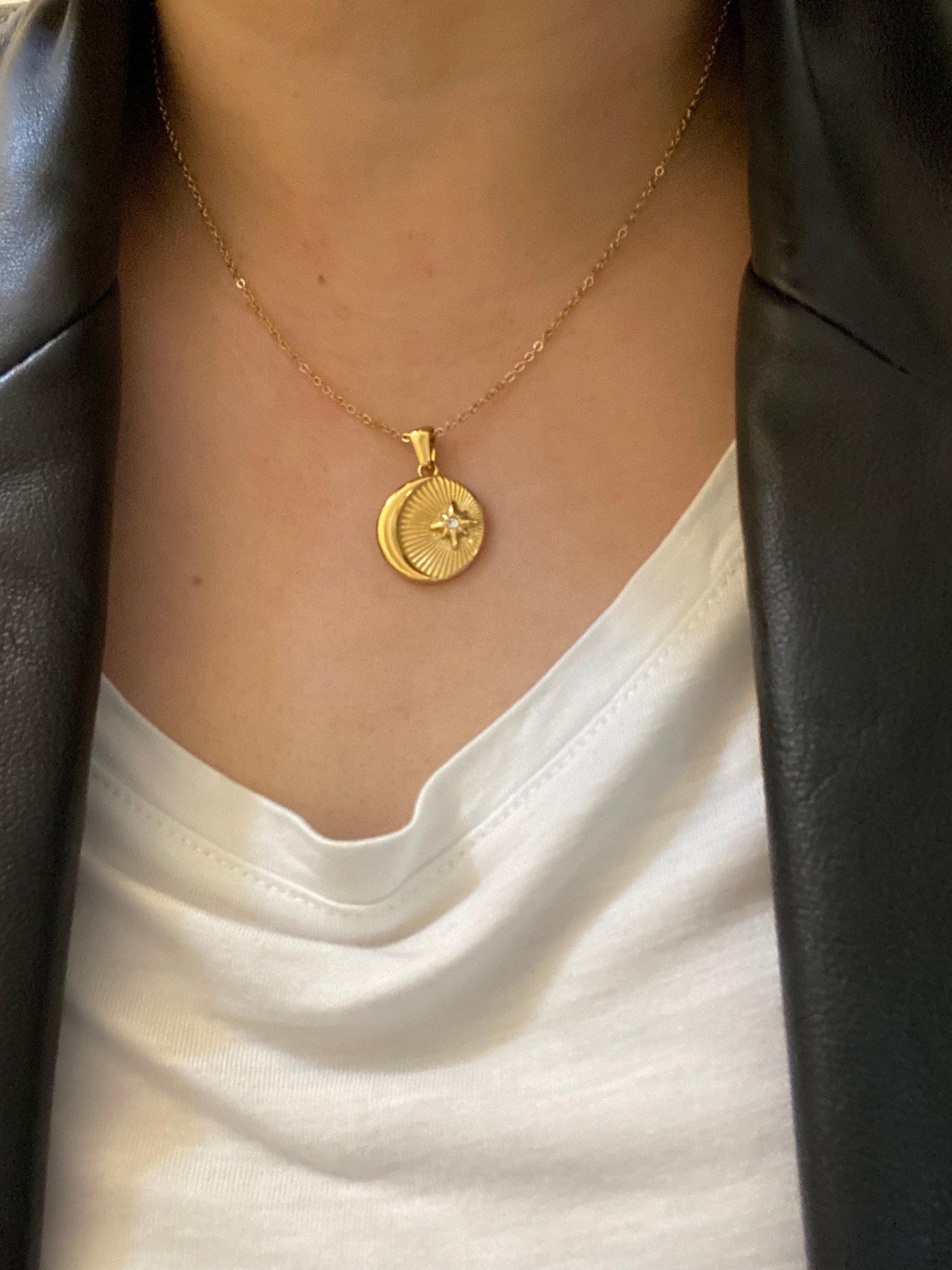 Sun and Moon Pendant Necklace, Coin Sunburst Zircon Star Necklace, Twisted Ridge Chain 18K Gold