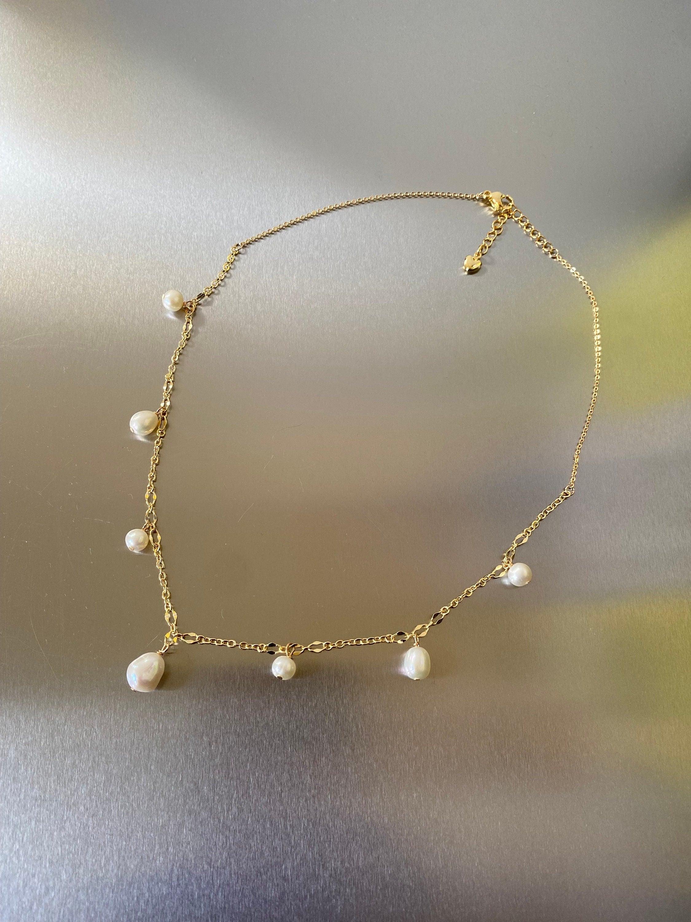 Gold Filled Multiple Drop Pearl Necklace, Dainty Layering Freshwater Pearl Choker for Her, Unique Irregular Pearl Mix Necklace