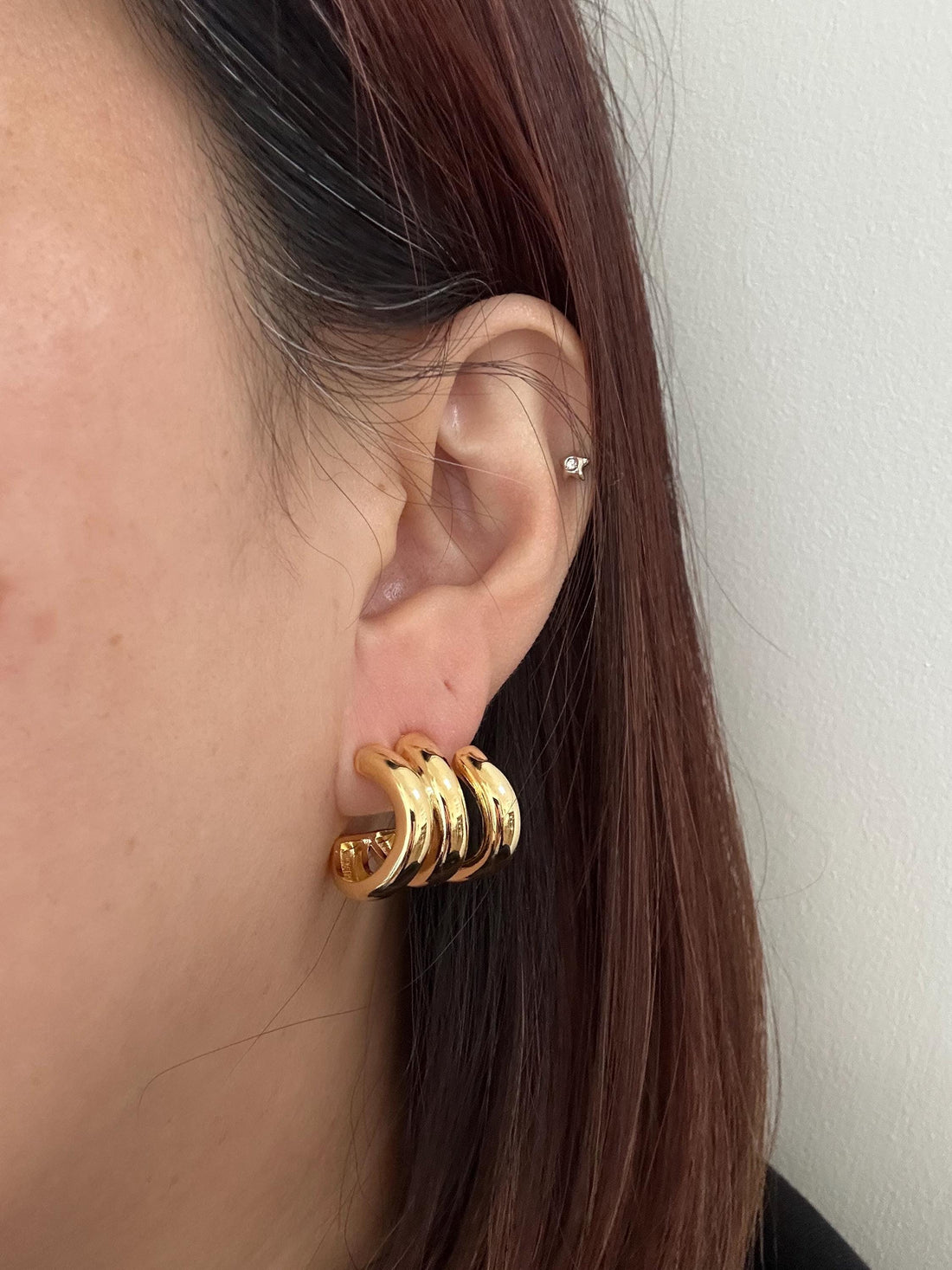Triple Hoop Earrings, Huggie Chunky Triple Hoop Earrings, 18k Gold Plated Claw Hoop Earrings, S925 Sterling Silver Needle. Gift for Her