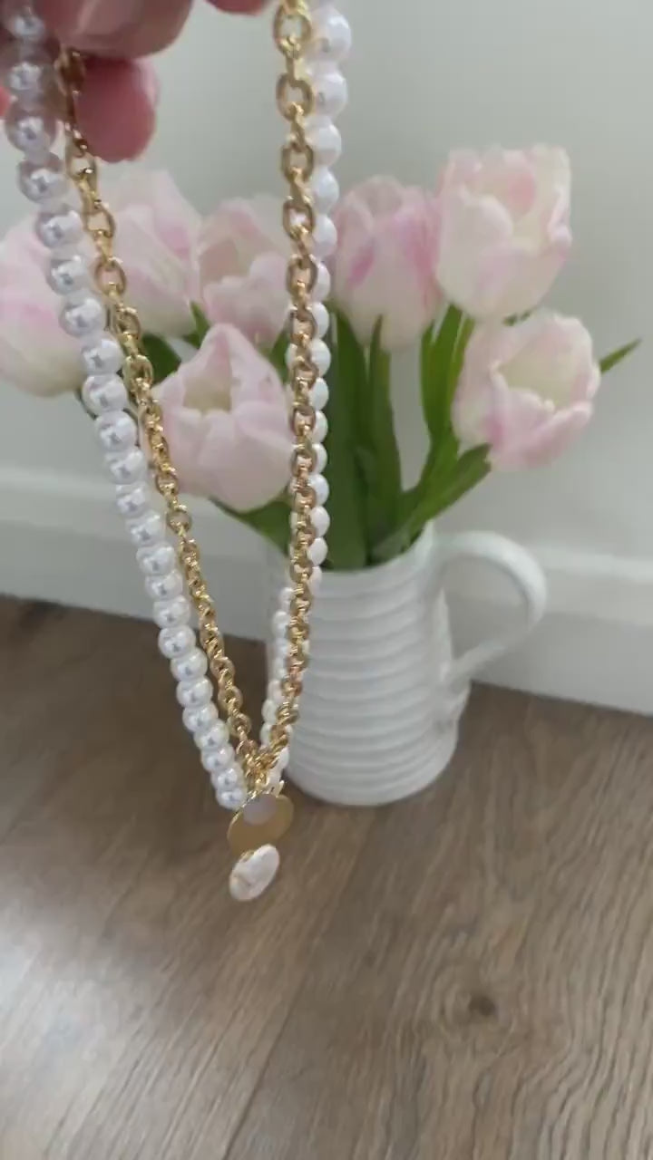 Double Layered Baroque Pearl Necklace with 18k Gold Coin Pendant