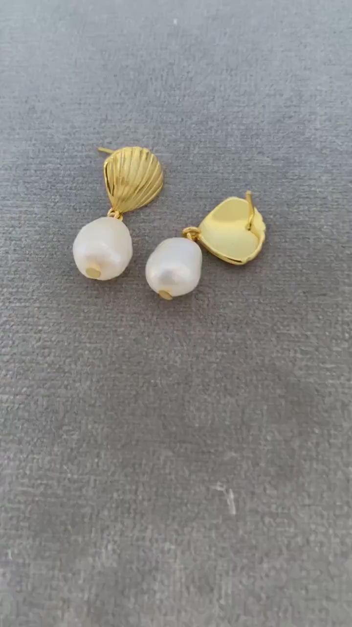 18k Gold Freshwater Pearl Clam Hoop Earrings, Cute Mini Statement Jewelry for Her