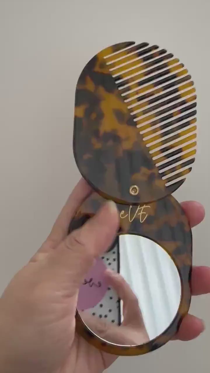 Tortoise Mirror and Comb Compact Set, Tortoise Folding Comb and Mirror, Pocket Mirror and Comb For Her, Handheld Mirror and Comb.