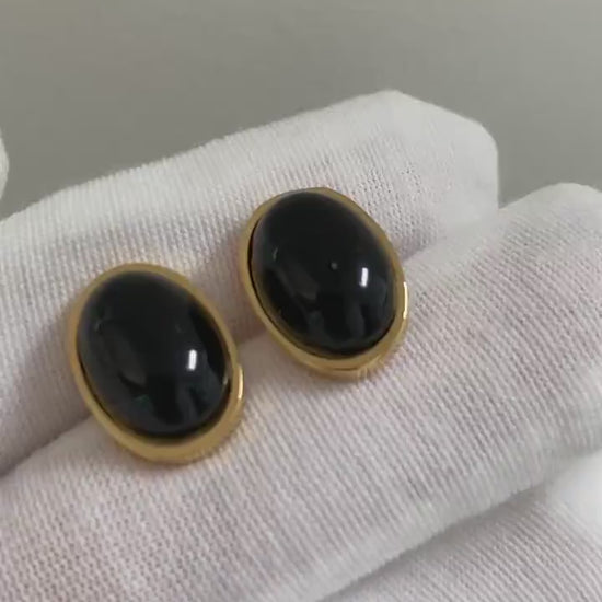 Oval Black Agate Stud Earrings, Ins Korean Style Black Agate Stud Earrings, Black Agate Popular Stone Earrings for Her, 18K Gold