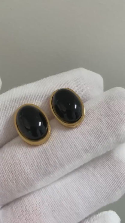 Oval Black Agate Stud Earrings, Ins Korean Style Black Agate Stud Earrings, Black Agate Popular Stone Earrings for Her, 18K Gold