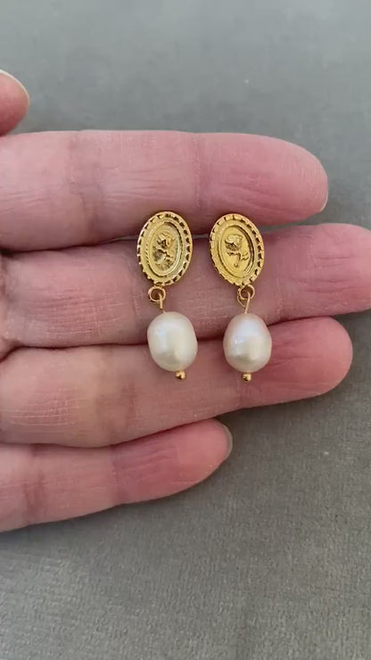 Tiny Coin Design Rose Embossed Freshwater Pearl Earrings for Women, Pendant Coin Design Flower Pearl Earrings, 18K Gold