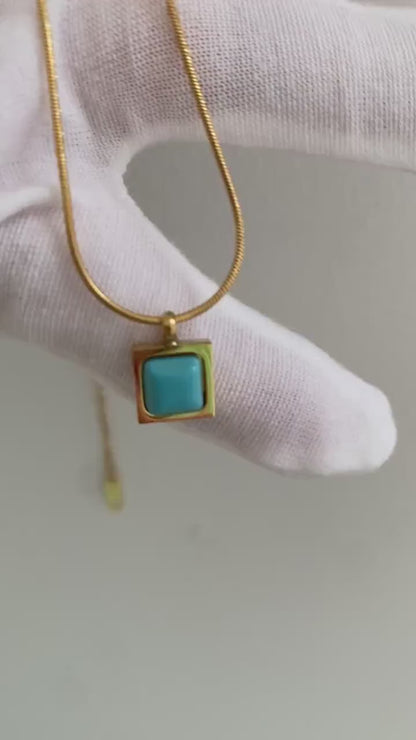 Turquoise Stone Necklace, Tiny Square Turquoise Pendant Necklace, Cute Blue Turquoise Choker Necklace. 18k Gold Classic Silhouette