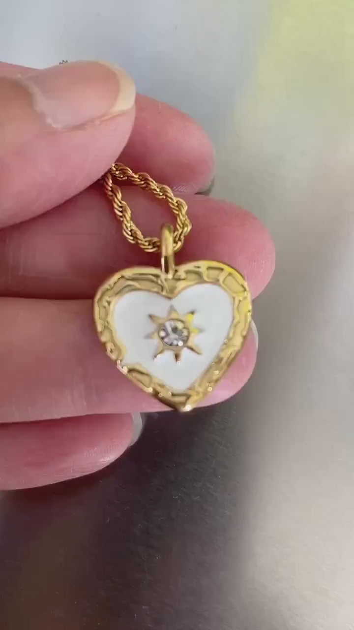 Elegant Gold Heart Necklace with Zircon Stone Charm for Her, Hammered Choker Pendant