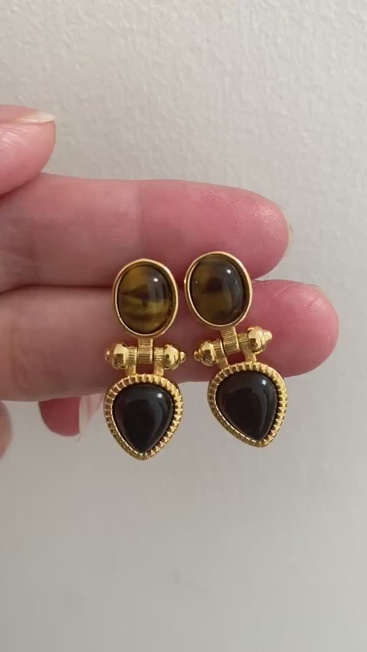 18K Gold Tiger Eye Teardrop Resin Stud Earrings, Gold Chunky Screw Teardrop Resin Earrings for Her, Chunky Black Teardrop Resin Earrings